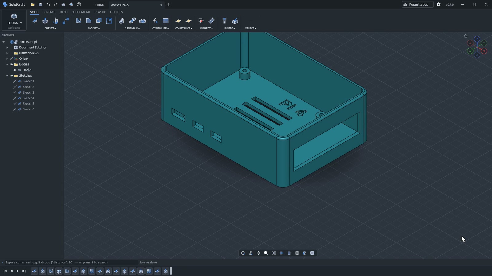 A teal Raspberry Pi enclosure with port cutouts, vents, and internal standoffs in the SolidCraft editor